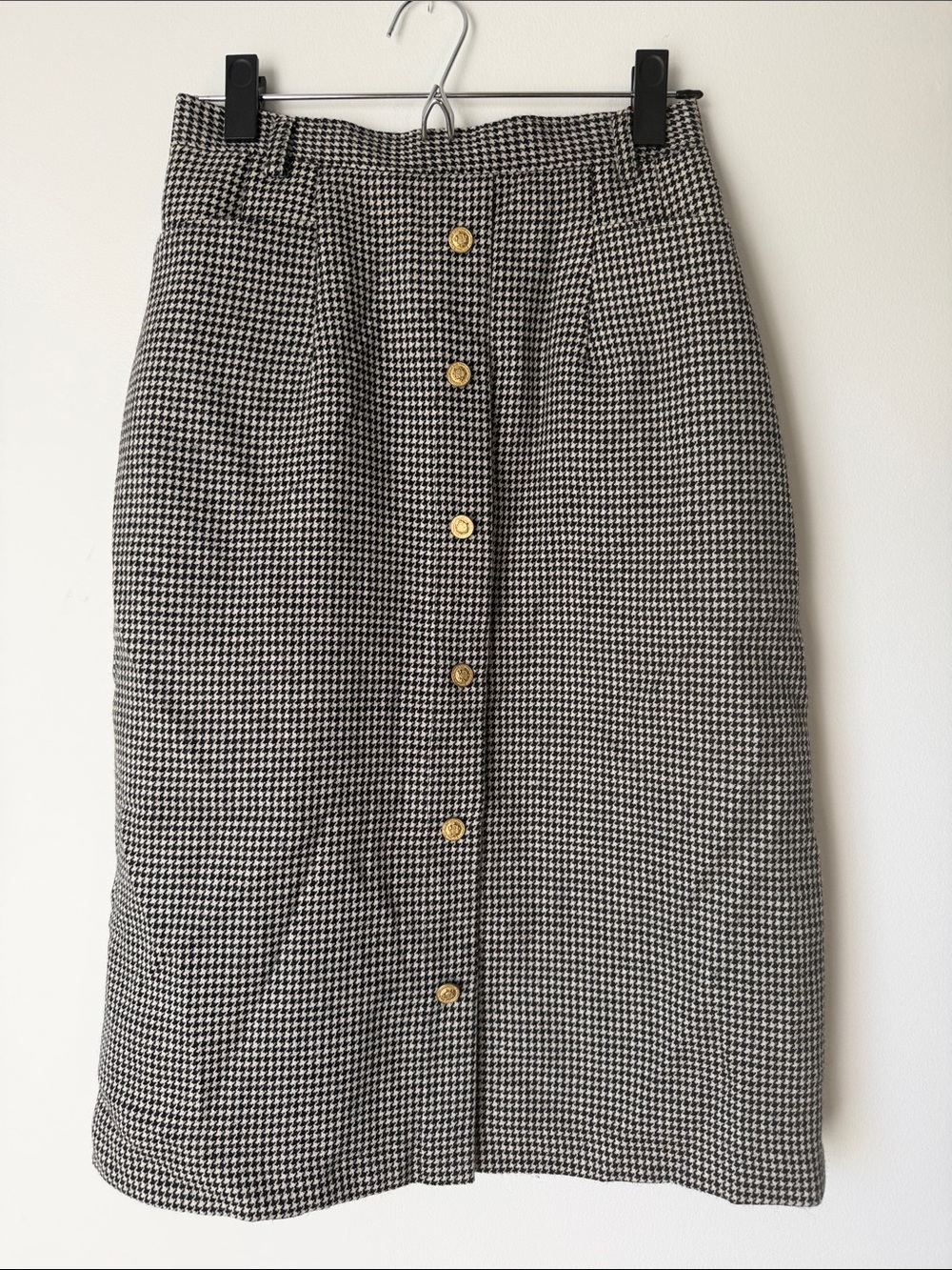 Vintage Women’s Houndstooth Button-Front Midi Skirt - Black & White
